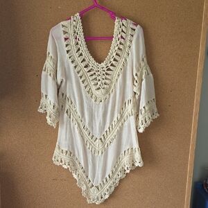 Boho Cream Crochet Fringe Top Open Knit Sheer Festival Top (One Size) Fit (S/M)